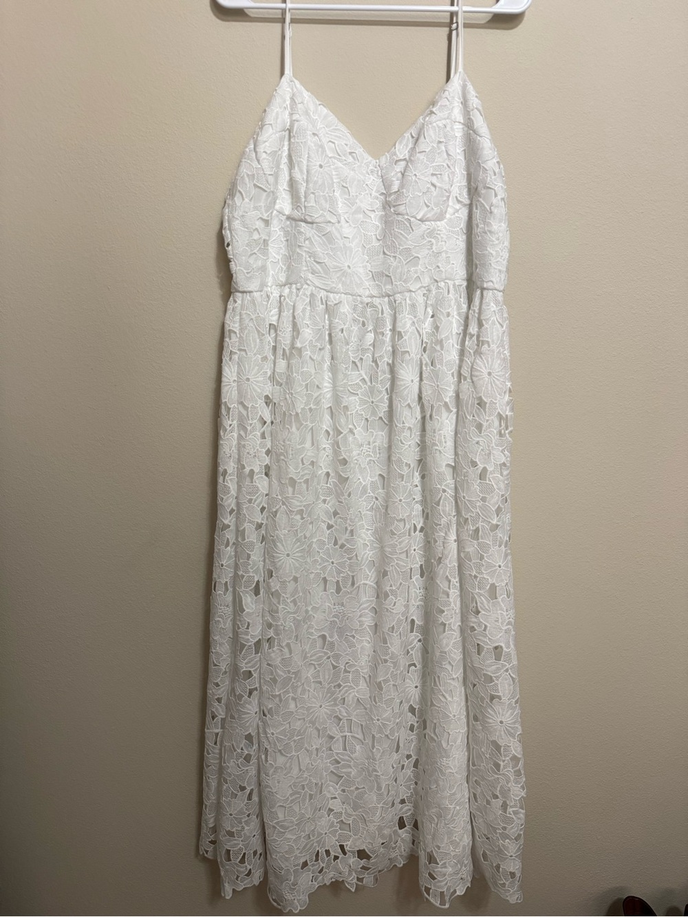 Showpo White Lace Midi Dress with Spaghetti Straps